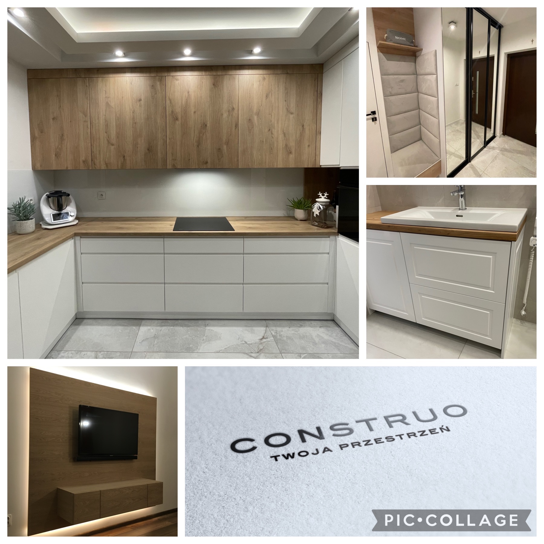 Kolaż przedstawiający fragment kuchni z drewnianymi szafkami wiszącymi i białymi dolnymi, łazienkę z białą szafką pod umywalkę z drewnianym blatem, przedpokój z lustrem i siedziskiem oraz szafkę...