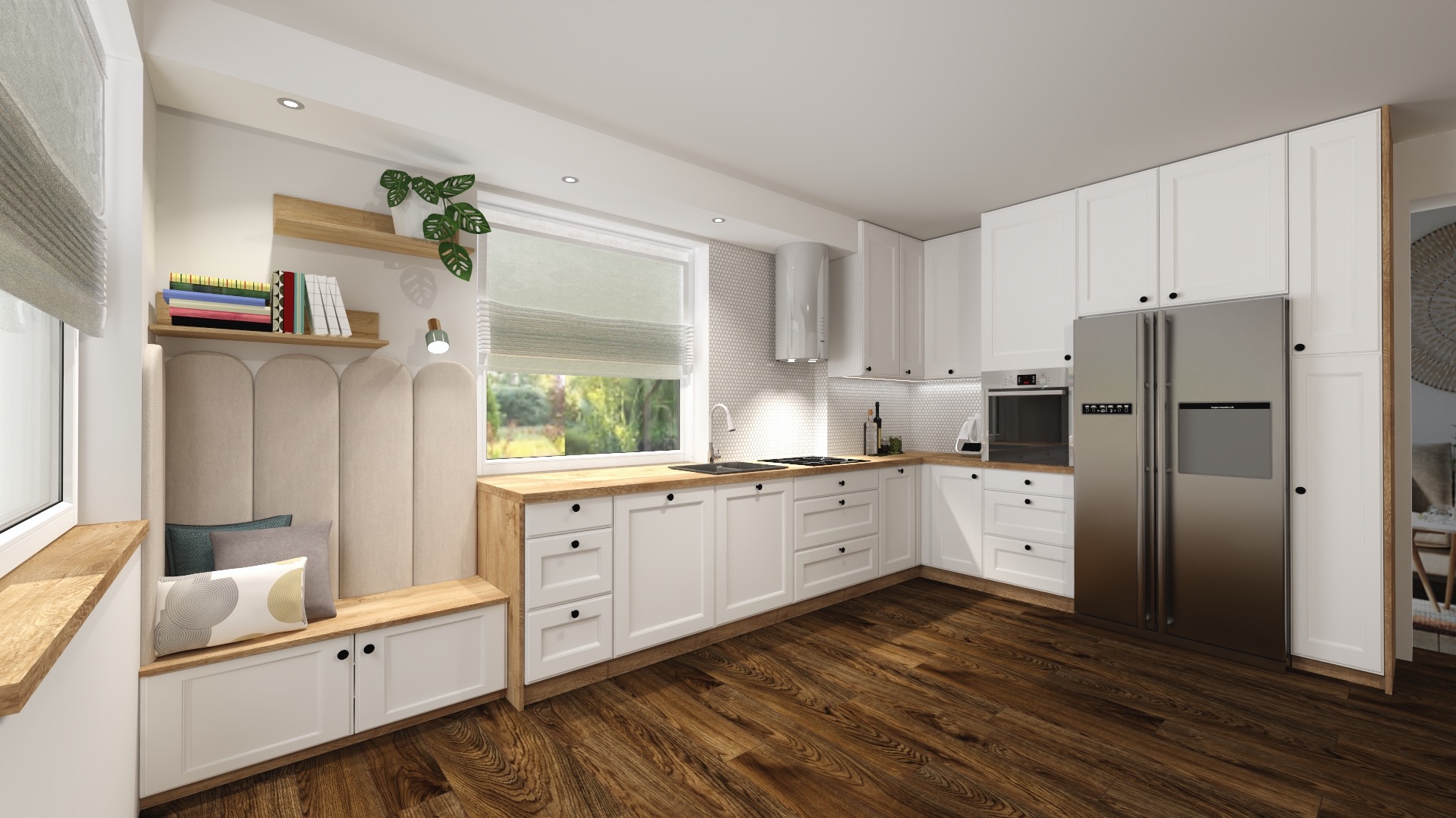 Jasna kuchnia z drewnianym blatem, białymi szafkami, siedziskiem z tapicerowanym oparciem i półkami na książki przy oknie, uzupełniona srebrną lodówką i drewnianą podłogą.