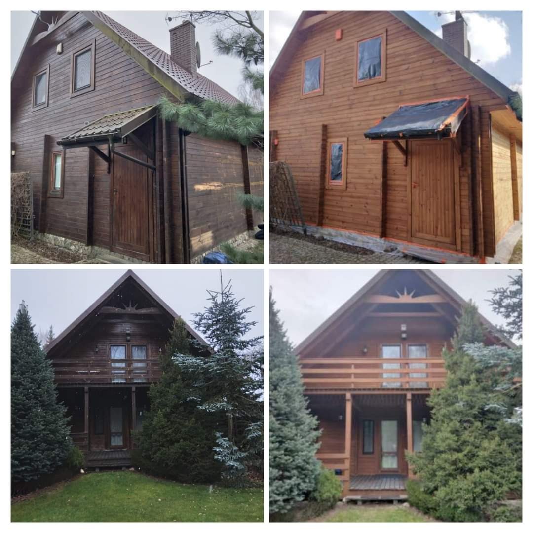 Cztery ujęcia drewnianego domu przed i po renowacji elewacji, ukazujące różnicę w kolorze i czystości drewna, z widocznymi detalami struktury drewna i otoczenia.