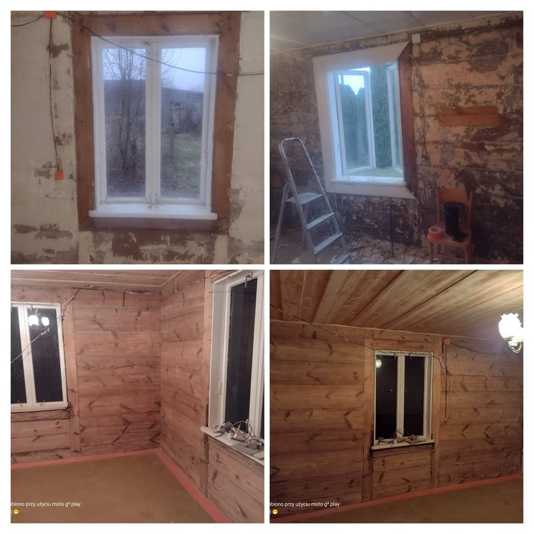 Cztery kadry przedstawiające remont pokoju: okno przed i po wymianie, oraz ściany wyłożone boazerią przed i po montażu okna.