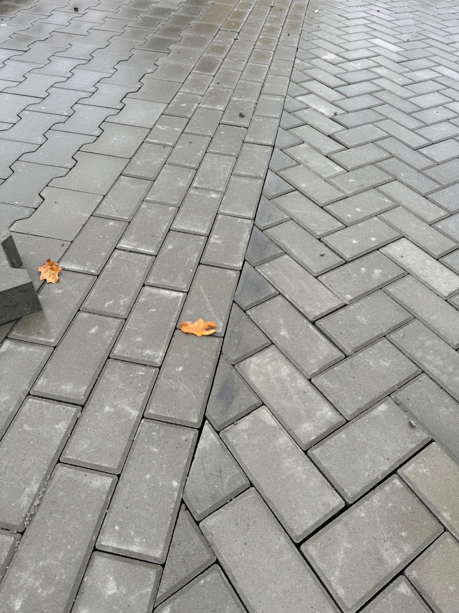 Ułożona, szara kostka brukowa w dwa różne wzory, z dwoma opadłymi liśćmi na powierzchni.