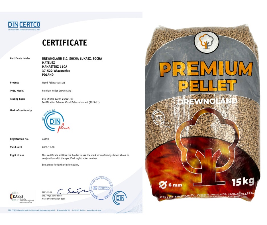 Opakowanie 15 kg pelletu drzewnego marki Drewnoland klasy A1, obok certyfikat DIN CERTCO potwierdzający jakość produktu.