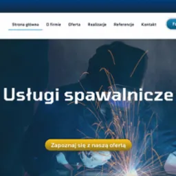 Strona internetowa firmy Metal-Spaw Piotr Wojtas prezentująca usługi spawalnicze, z iskrzącym się efektem wizualnym w tle.