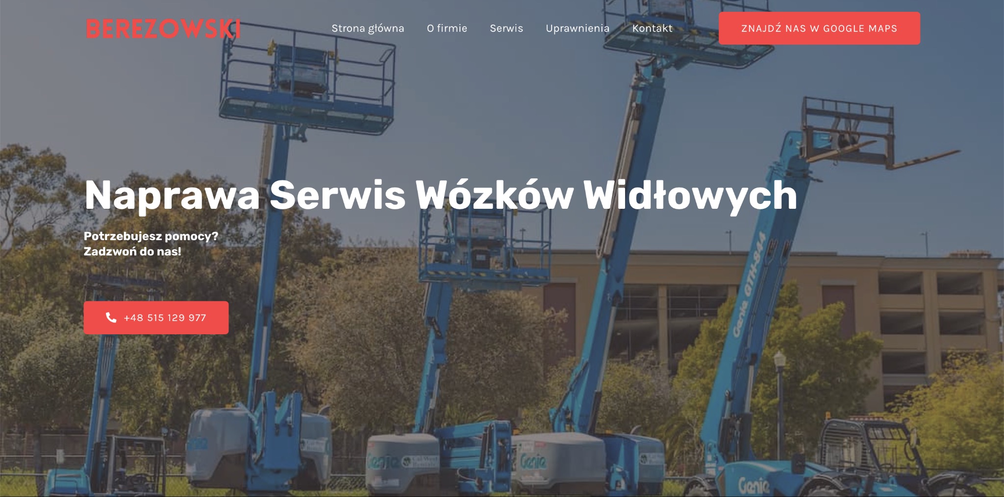Strona internetowa firmy Berezowski.com.pl prezentująca usługi naprawy i serwisu wózków widłowych, z wózkami widłowymi w tle.