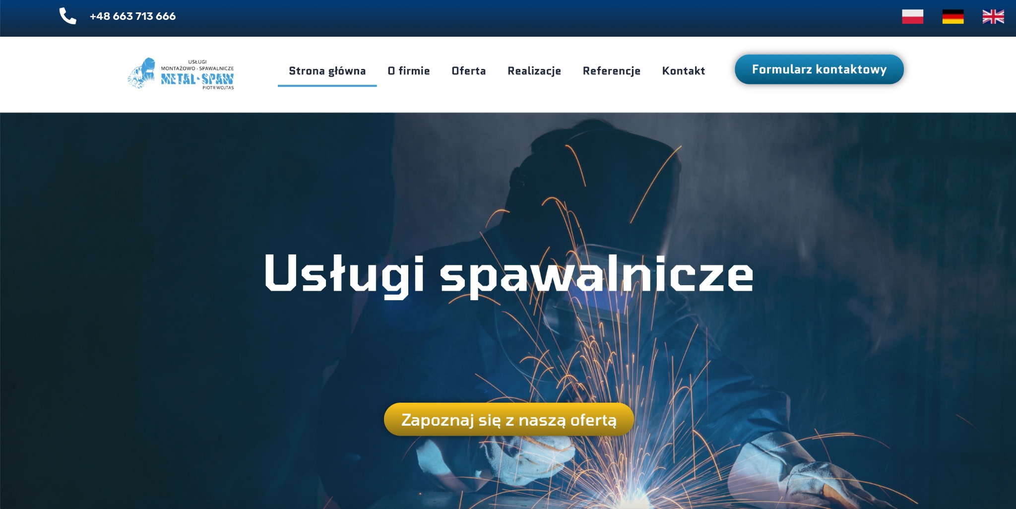 Strona internetowa firmy Metal-Spaw Piotr Wojtas prezentująca usługi spawalnicze, z iskrzącym się efektem wizualnym w tle.
