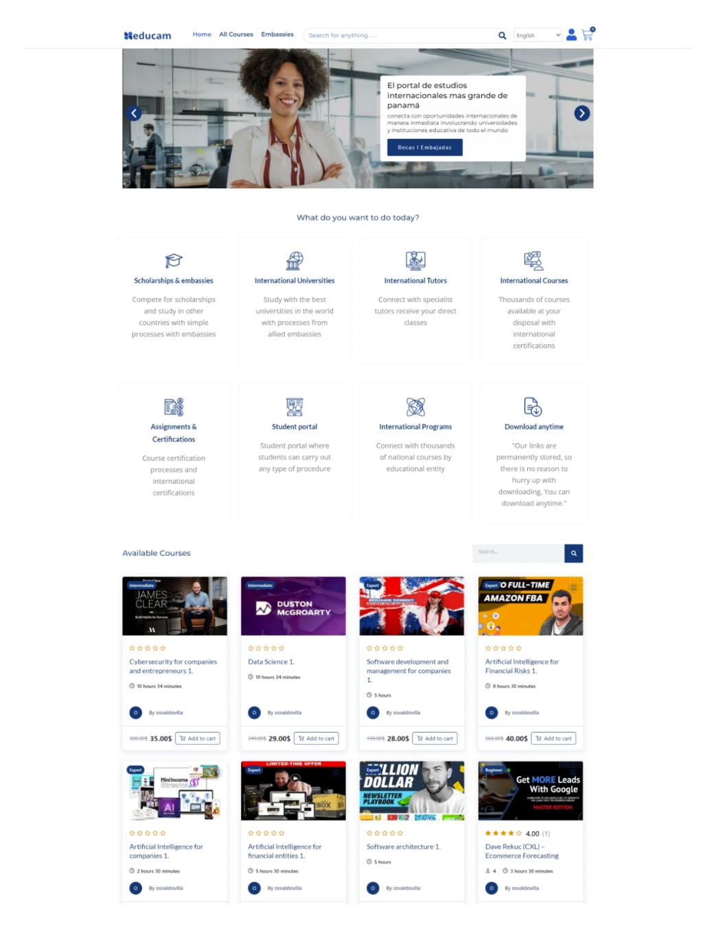 Strona internetowa edukacyjnej platformy z ofertami kursów online, prezentująca sekcję z dostępnymi kursami z zakresu cyberbezpieczeństwa, data science, rozwoju oprogramowania i sztucznej...