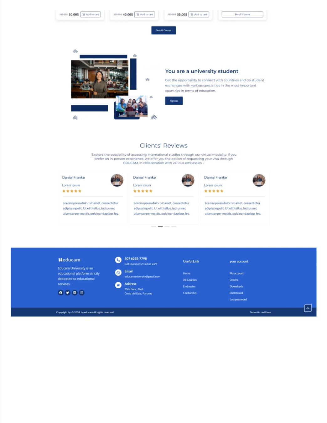 Projekt strony internetowej uczelni z sekcjami ofert kursów, opinii klientów i danymi kontaktowymi w stopce.