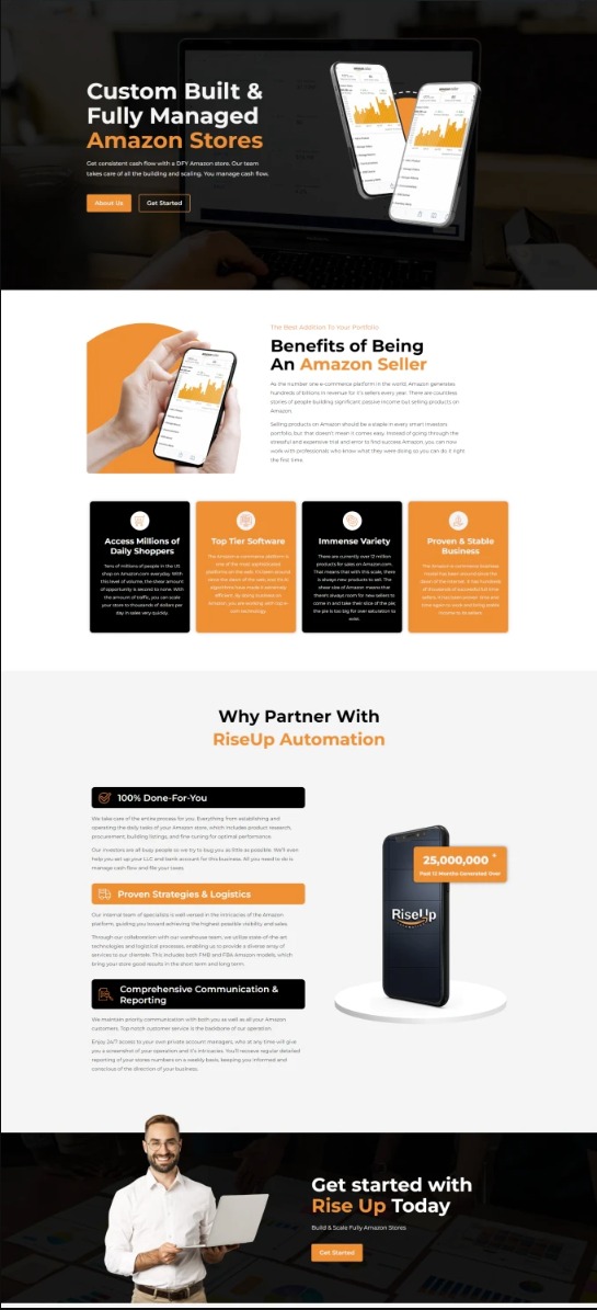 Projekt strony internetowej prezentującej usługi zarządzania i optymalizacji sklepów na platformie Amazon, z widocznymi wykresami danych na ekranach laptopa i smartfonów.