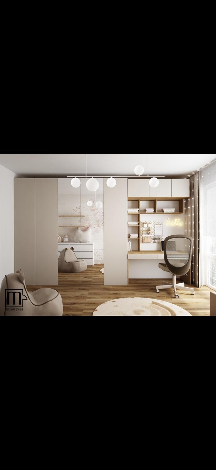 Pokój młodzieżowy z beżowymi meblami, biurkiem, krzesłem i podłogą z paneli. Widoczne oświetlenie sufitowe i dekoracje. Aranżacja wnętrza.