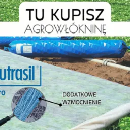 Agrowł&oacute;knina Lutrasil Pro rozłożona na polu uprawnym, z widocznym powiększeniem struktury wł&oacute;kien i napisem 'Dodatkowe wzmocnienie', w tle niebieskie rolki agrowł&oacute;kniny i pole z uprawami.
