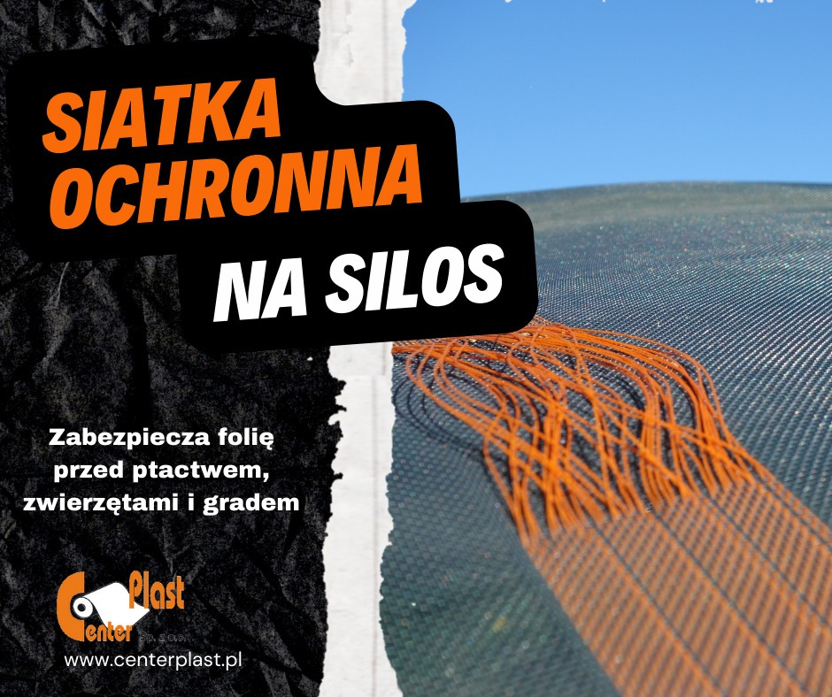 Siatka ochronna na silos, zabezpieczająca folię przed ptactwem, zwierzętami i gradem. Widoczny fragment czarnej siatki z pomarańczowymi sznurkami na tle błękitnego nieba.