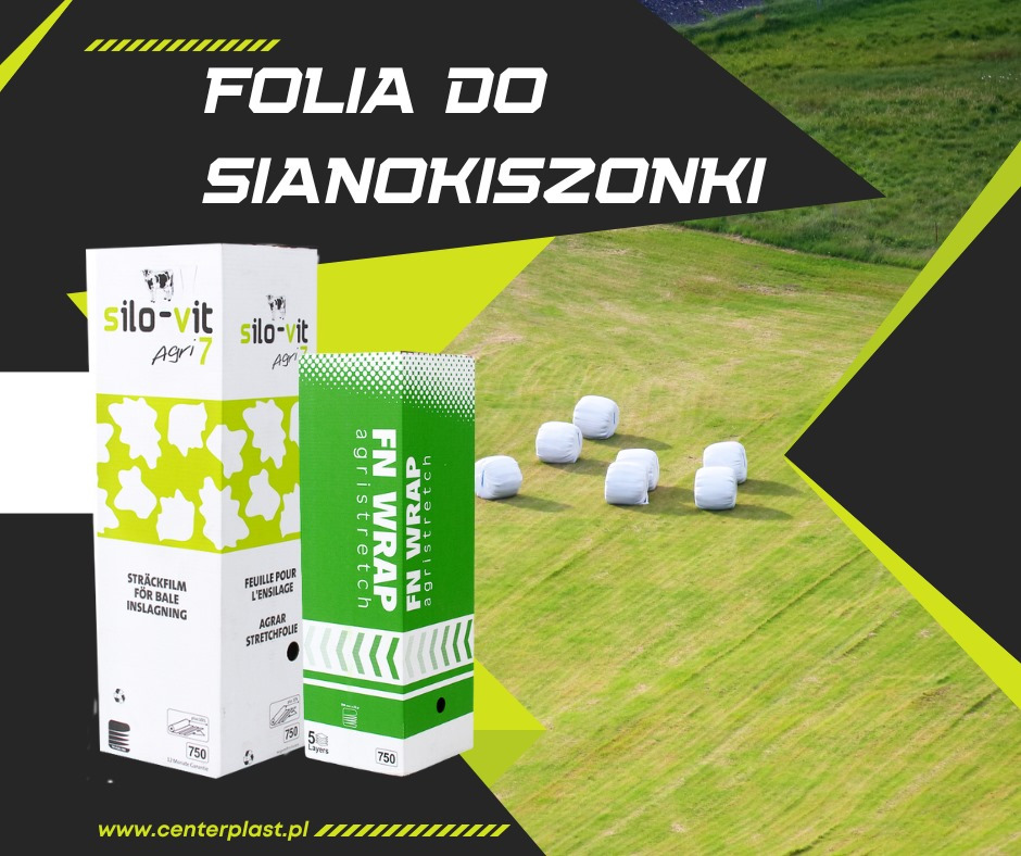 Opakowania folii do sianokiszonki Silo-Vit Agri7 i FN Wrap agristretch na tle łąki z białymi belami sianokiszonki.