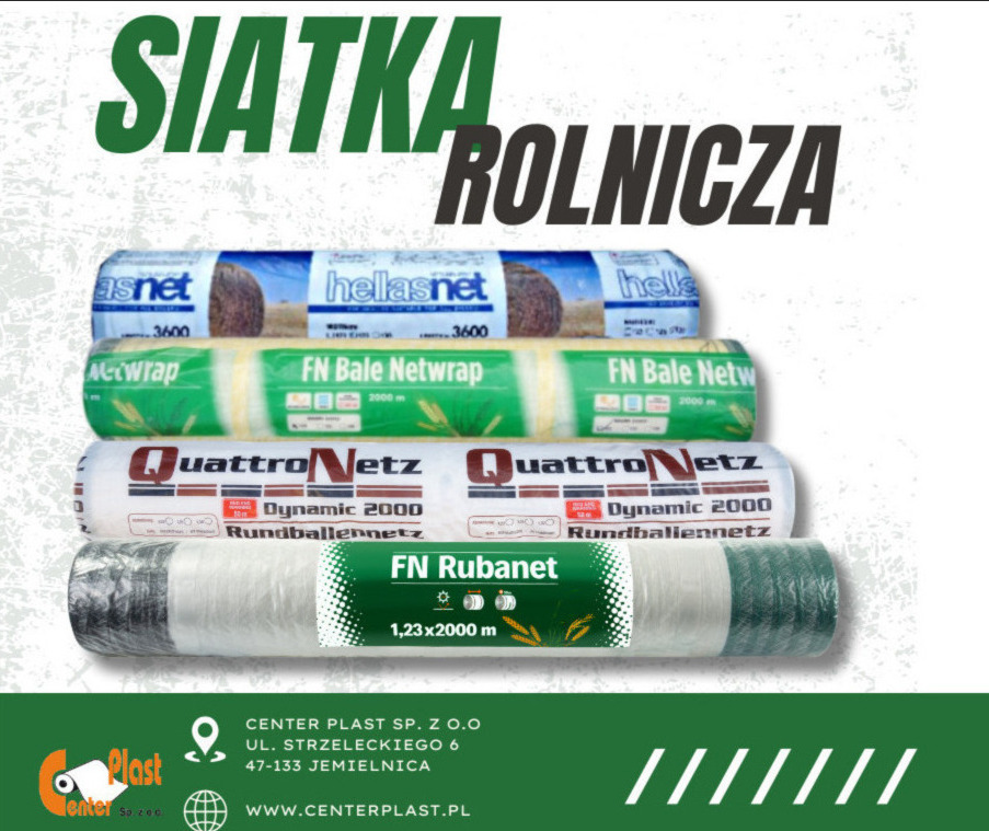 Stos rolek siatki rolniczej różnych marek i typów, ułożonych jedna na drugiej, z wyraźnie widocznymi etykietami producentów i specyfikacjami produktu.