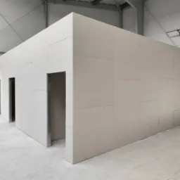 Wnętrze magazynu z wydzielonymi pomieszczeniami z płyt gipsowo-kartonowych, widoczne metalowe profile ościeżnic drzwiowych i surowa betonowa posadzka.