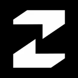 Abstrakcyjne logo firmy w kształcie litery Z, biały geometryczny znak na czarnym tle.