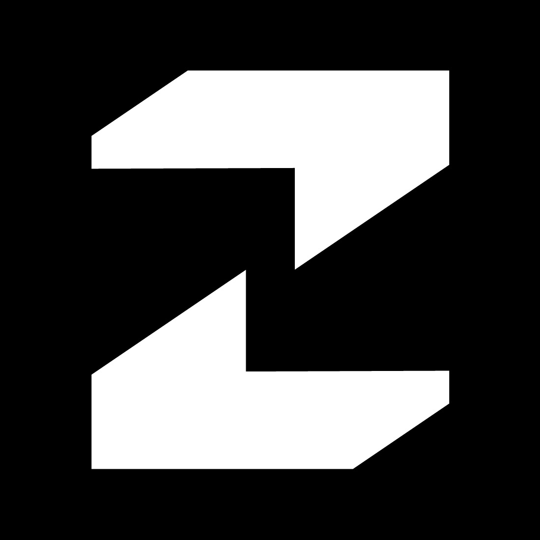 Abstrakcyjne logo firmy w kształcie litery Z, biały geometryczny znak na czarnym tle.