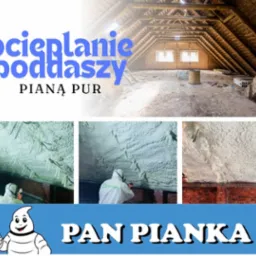 Kolaż zdjęć: poddasze przed i w trakcie natrysku pianki izolacyjnej, widoczni pracownicy w kombinezonach ochronnych.