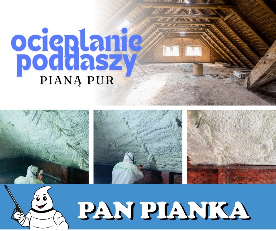 Kolaż zdjęć: poddasze przed i w trakcie natrysku pianki izolacyjnej, widoczni pracownicy w kombinezonach ochronnych.