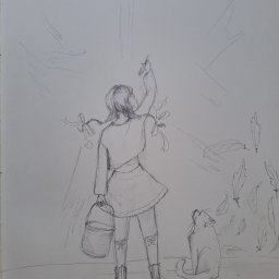 Karolina Król - Szkic ołówkiem przedstawia dziewczynę z wiadrem, stojącą tyłem, wyciągającą rękę w górę, obok siedzącego psa, z opadającymi piórami i wstążkami.