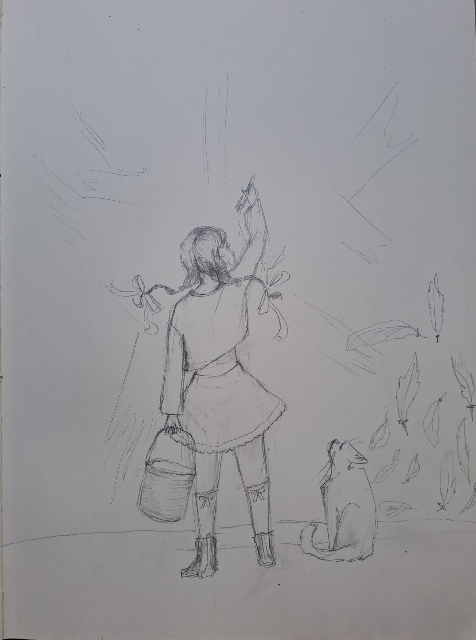 Szkic ołówkiem przedstawia dziewczynę z wiadrem, stojącą tyłem, wyciągającą rękę w górę, obok siedzącego psa, z opadającymi piórami i wstążkami.