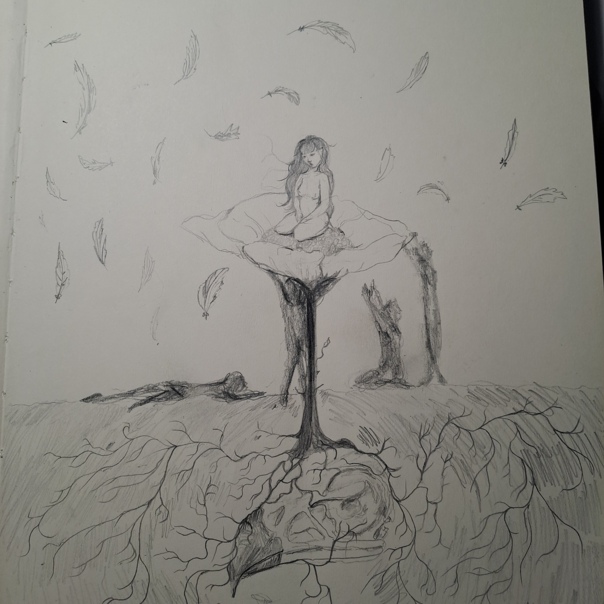 Szkic ołówkiem przedstawiający nagą kobietę siedzącą na kwiecie, otoczoną opadającymi piórami, z postaciami leżącymi i klęczącymi u podstawy, korzenie drzewa tworzące tło.