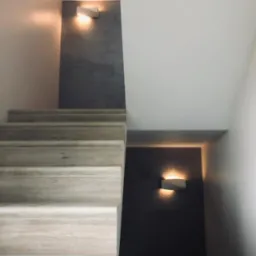 Schody wykończone panelami drewnopodobnymi, oświetlone kinkietami na ścianie w kolorze grafitowym.