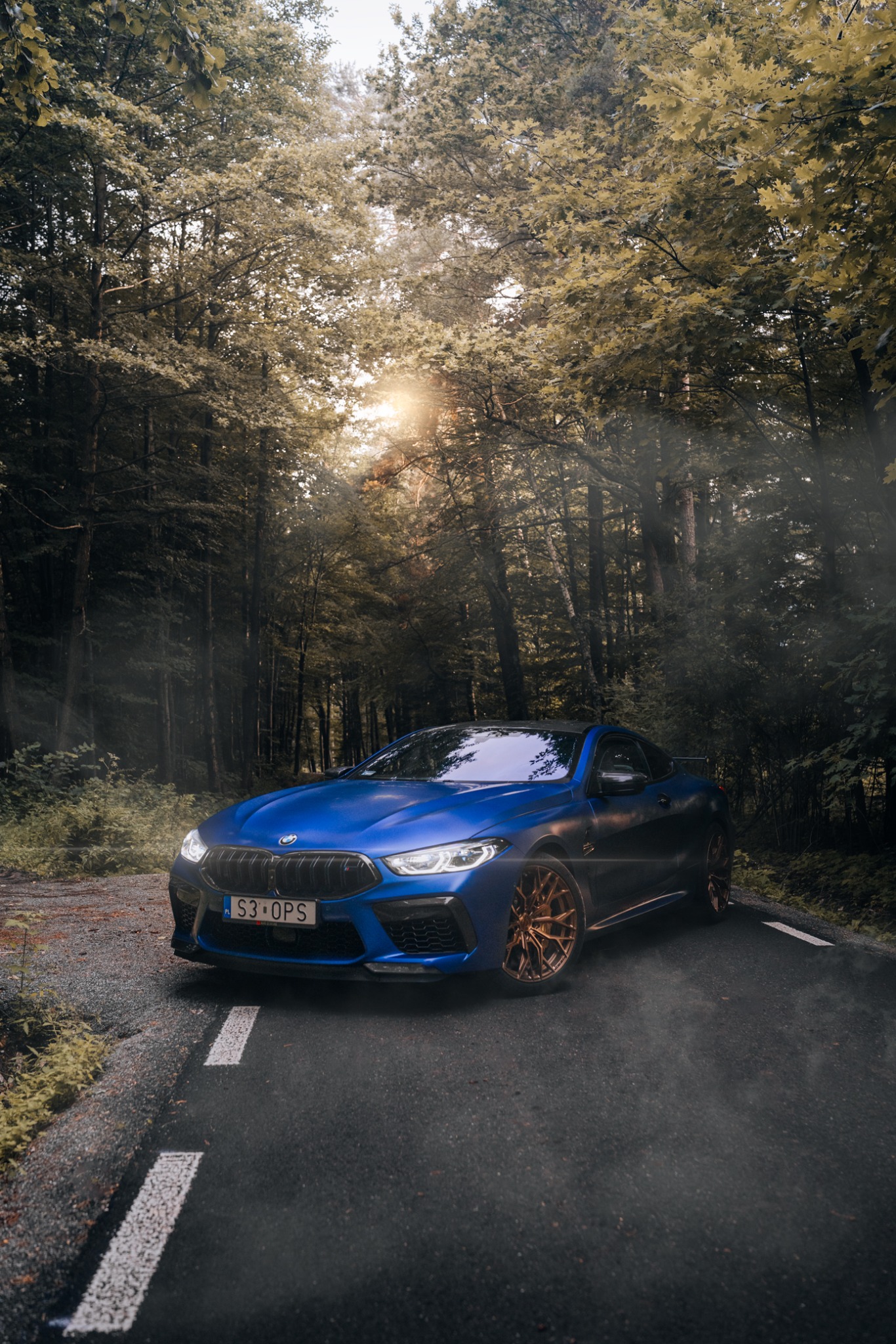Niebieskie BMW M8 z brązowymi felgami stoi na asfaltowej drodze w lesie, światło słoneczne przebija się przez korony drzew.