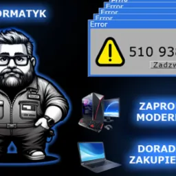 Karykaturalny informatyk Maciek trzyma pendrive'a, obok okno błędu z numerem telefonu i hasła 'Zaproponuję modernizację' oraz 'Doradzę przy zakupie nowego', obok komputer stacjonarny i laptop.