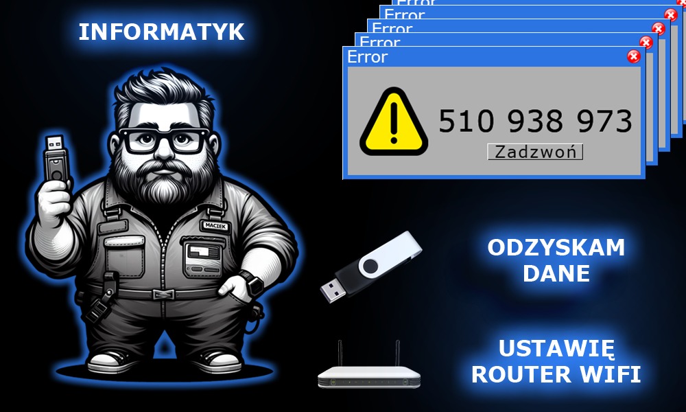 Karykatura informatyka Maćka z pendrivem, błędy systemowe z numerem telefonu i router WiFi na ciemnym tle.