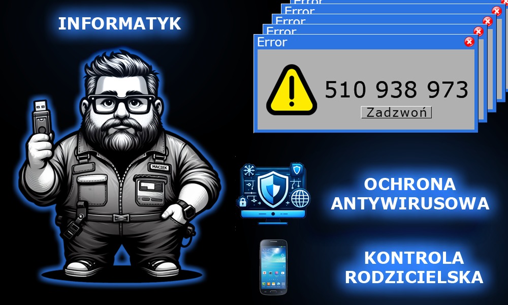 Karykaturalny informatyk 'Maciek' trzyma pendrive, otoczony ikonami: błędy systemu, ochrona antywirusowa, kontrola rodzicielska oraz numer telefonu kontaktowego.