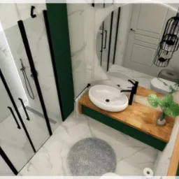 Wizualizacja łazienki z kabiną prysznicową z czarnymi profilami, umywalką nablatową na drewnianym blacie, okrągłym lustrem i marmurową posadzką.