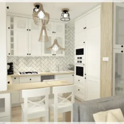 Wizualizacja małej, jasnej kuchni w stylu skandynawskim z białymi szafkami, drewnianym blatem i geometrycznym wzorem płytek na ścianie, oświetlonej trzema lampami wiszącymi o różnych kształtach.