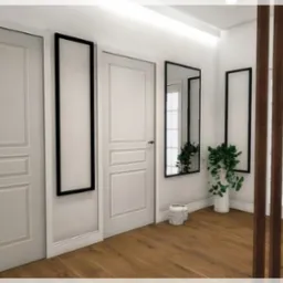 Nowoczesny przedpokój z dwiema białymi, panelowymi drzwiami wewnętrznymi, drewnianą podłogą, lustrami w czarnych ramach, roślinami w białych donicach i dekoracyjną ścianką z drewnianych listew.