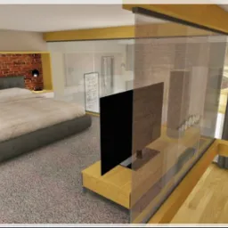 Wizualizacja sypialni z łóżkiem na szarym podeście, ceglaną ścianą za wezgłowiem, szklaną ścianą działową i drewnianą podłogą w drugiej części pomieszczenia.