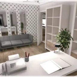 Wizualizacja biura w domu: białe biurko z drukarką i notatnikiem, szara sofa przed ścianą w geometryczne wzory, białe regały z rośliną doniczkową, drewniana podłoga, lustra w tle.