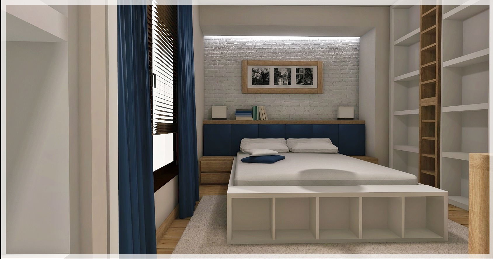 Wizualizacja sypialni z łóżkiem na podeście z półkami, niebieskim zagłówkiem, zasłonami w tym samym kolorze i regałem na książki z drewnianymi elementami.