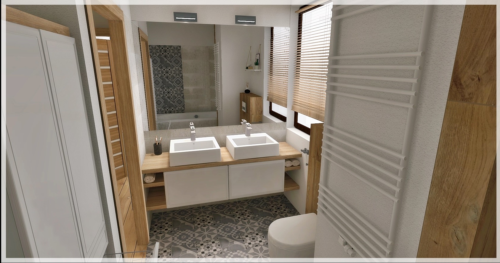 Wizualizacja nowoczesnej łazienki we Wrocławiu z dwoma białymi umywalkami nablatowymi, szafką pod umywalką z półkami, grzejnikiem drabinkowym i wzorzystą podłogą, widoczna w lustrze wanna z szarą...