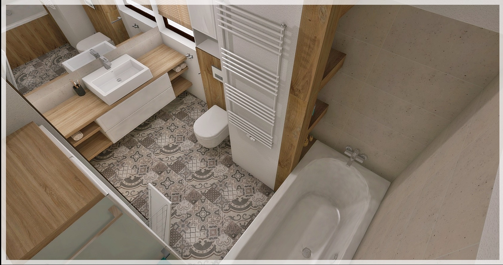 Wizualizacja łazienki z umywalką nablatową, toaletą, grzejnikiem drabinkowym i wanną, wykończona płytkami podłogowymi w stylu patchwork oraz elementami drewna.