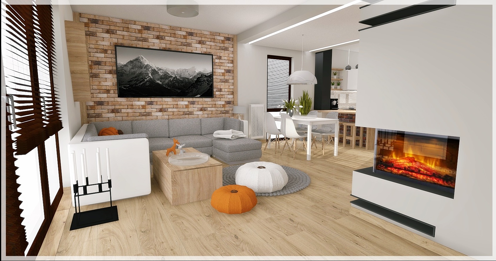 Wizualizacja salonu z ceglaną ścianą, szarą sofą, drewnianym stolikiem kawowym z figurką lisa, białym dywanikiem pufą i nowoczesnym kominkiem elektrycznym, ukazująca aranżację wnętrza.