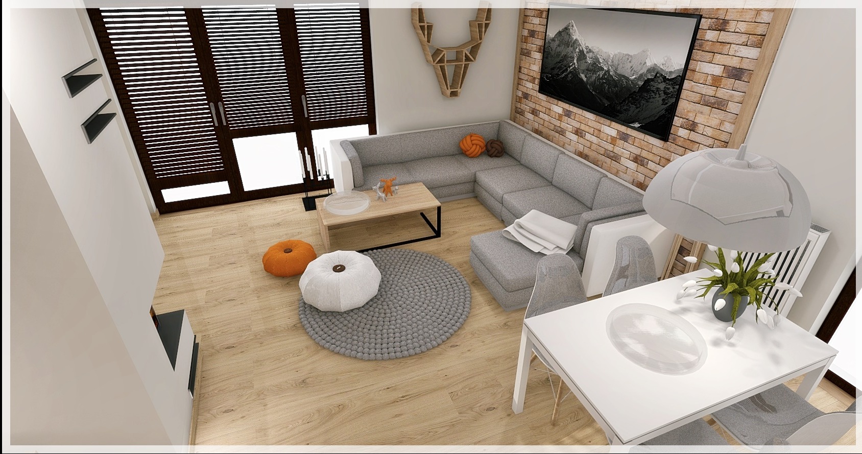 Wizualizacja salonu z szarą narożną sofą, drewnianą podłogą i okrągłym dywanem z dzianiny, uzupełniona o biały stół z krzesłami i dekoracje ścienne, w tym imitacja poroża i obraz z motywem górskim.