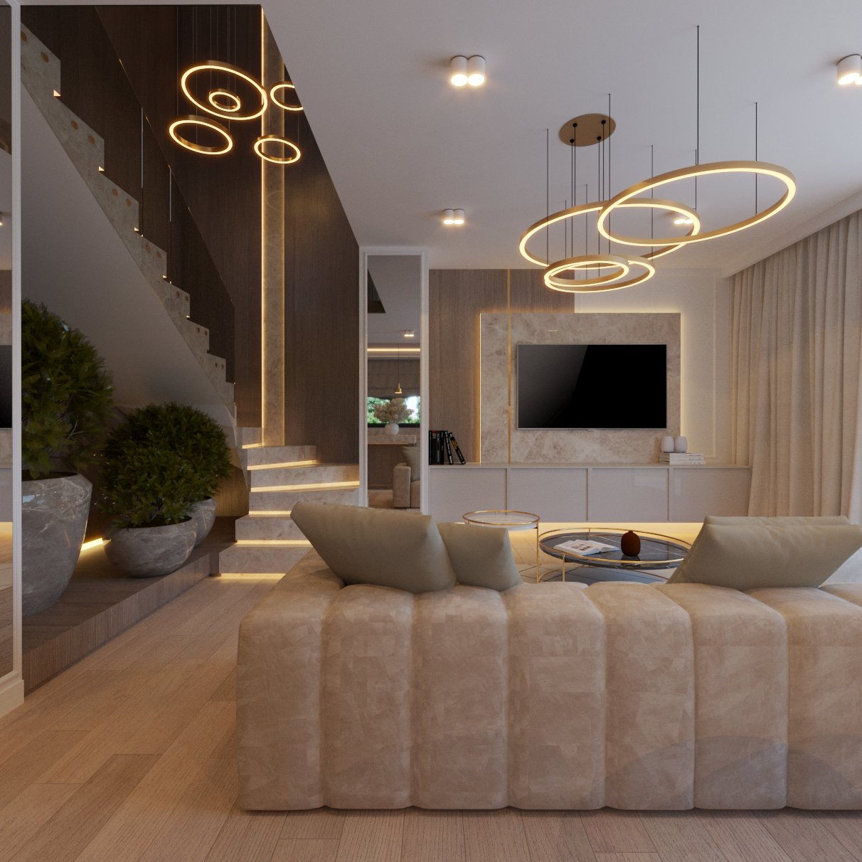 Nowoczesny salon z beżową sofą modułową, schodami z podświetleniem LED, okrągłymi lampami wiszącymi i telewizorem na ścianie.
