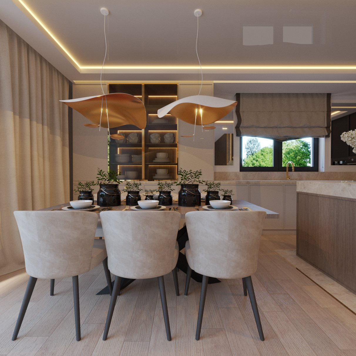 Jadalnia w neutralnych barwach z drewnianą podłogą, kremowymi krzesłami i stołem z dekoracjami roślinnymi. Nad stołem wiszą nowoczesne lampy w kształcie fal. W tle zabudowa kuchenna z oknem...