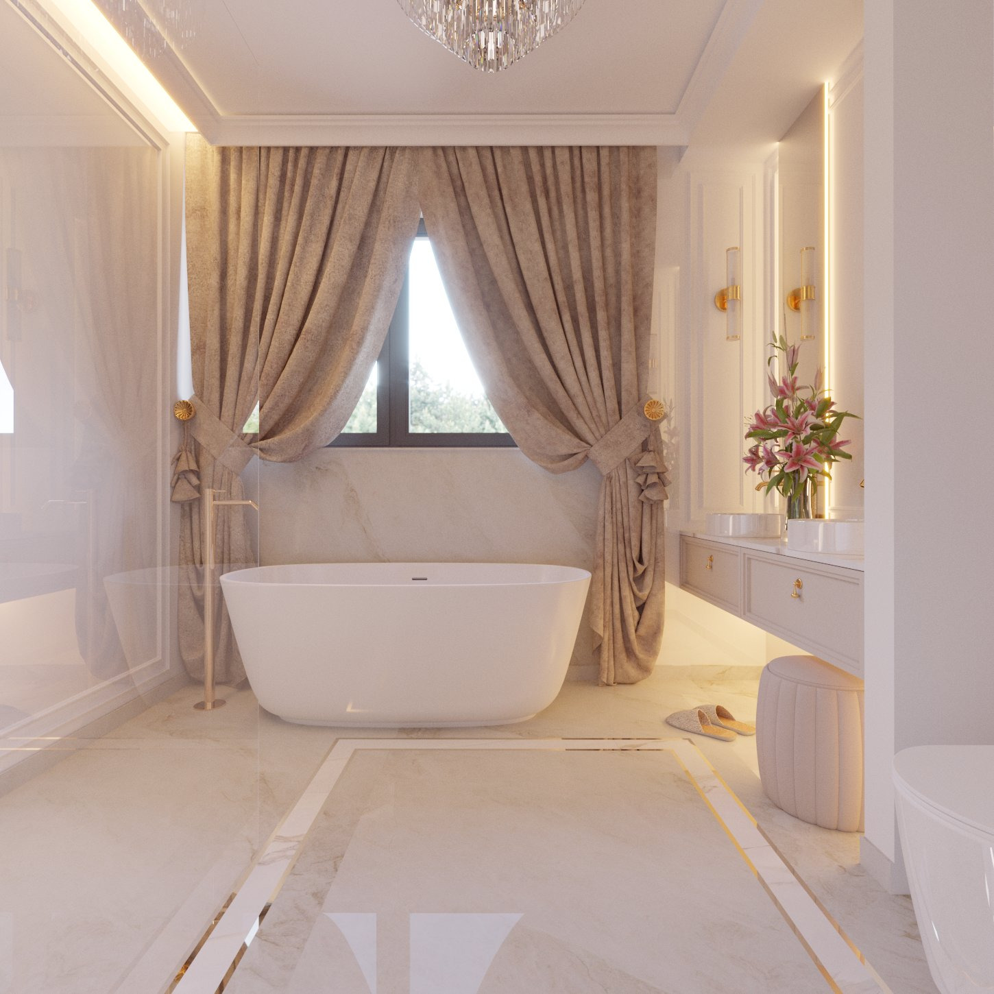 Elegancka łazienka w odcieniach beżu i bieli z wolnostojącą wanną, marmurową posadzką, zasłonami w stylu glamour, kryształowym żyrandolem i bukietem kwiatów na blacie umywalki.