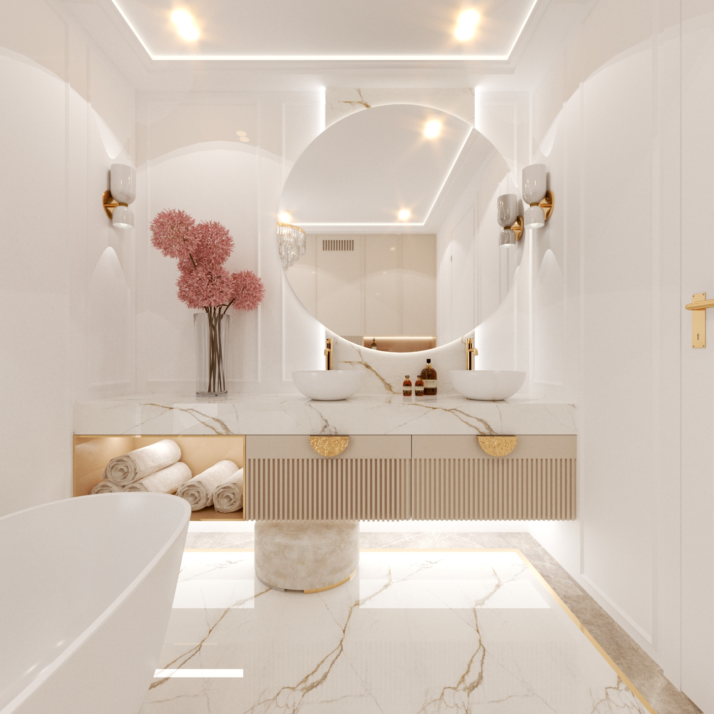 Elegancka łazienka w jasnych barwach z marmurową posadzką, okrągłym lustrem z podświetleniem, dwiema umywalkami nablatowymi i dekoracyjnymi lampami ściennymi.