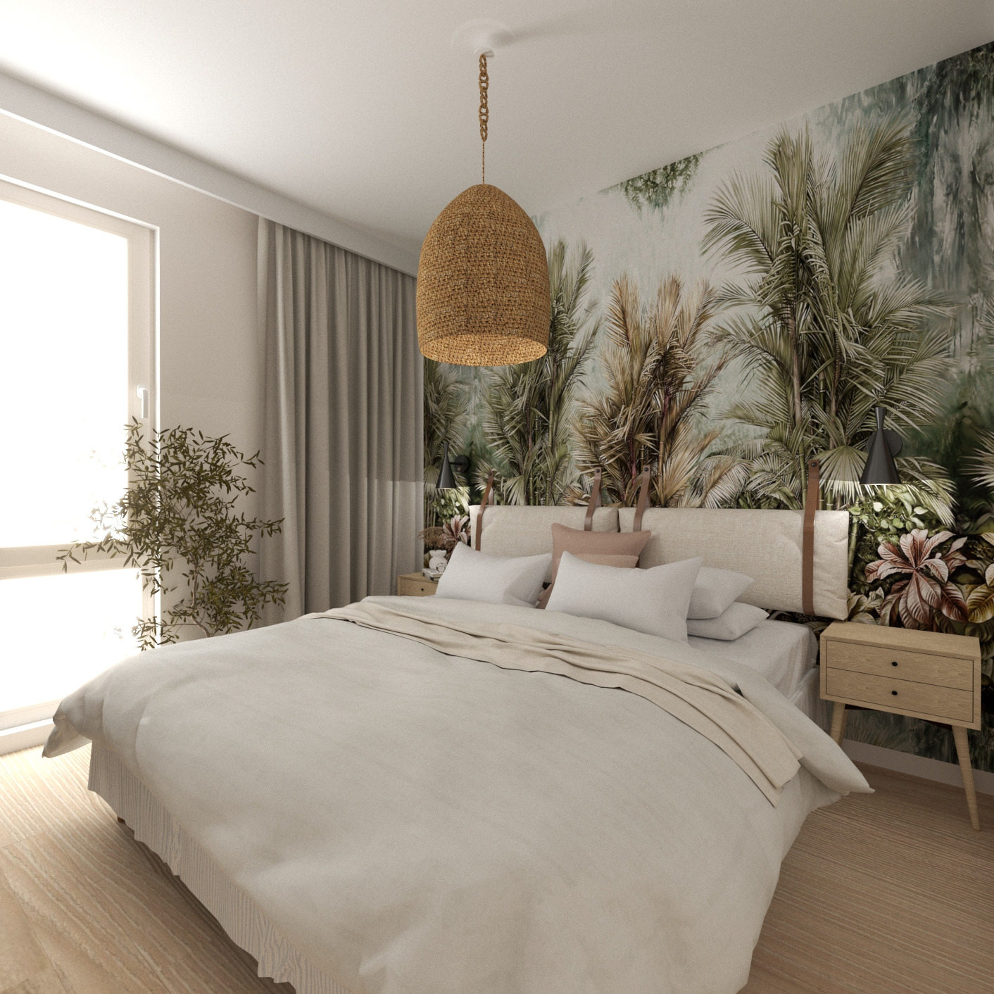 Jasna sypialnia z łóżkiem z beżową pościelą, lampą wiszącą z plecionki i fototapetą z motywem tropikalnych roślin.