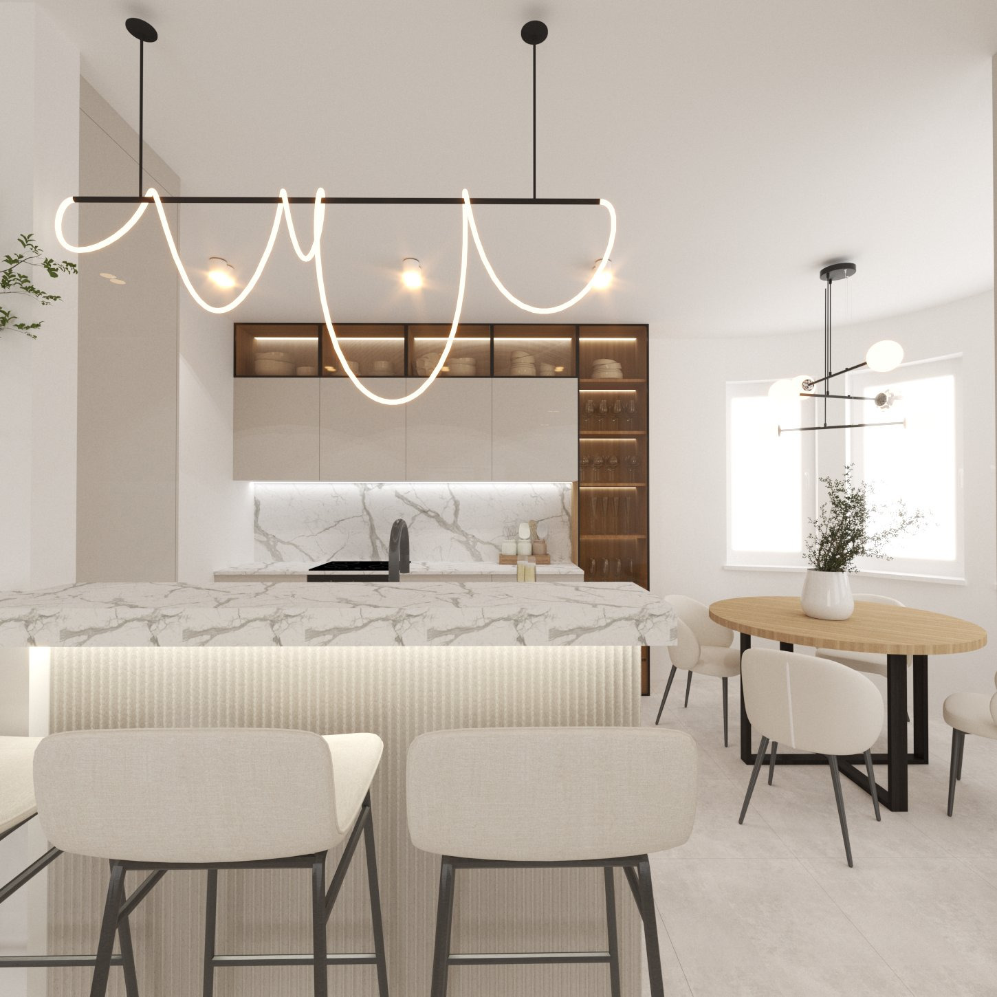 Jasna kuchnia z marmurowym blatem, nowoczesnym oświetleniem LED, drewnianymi akcentami i krzesłami barowymi z beżową tapicerką, widok na stół jadalny z owalnym blatem i białymi krzesłami.