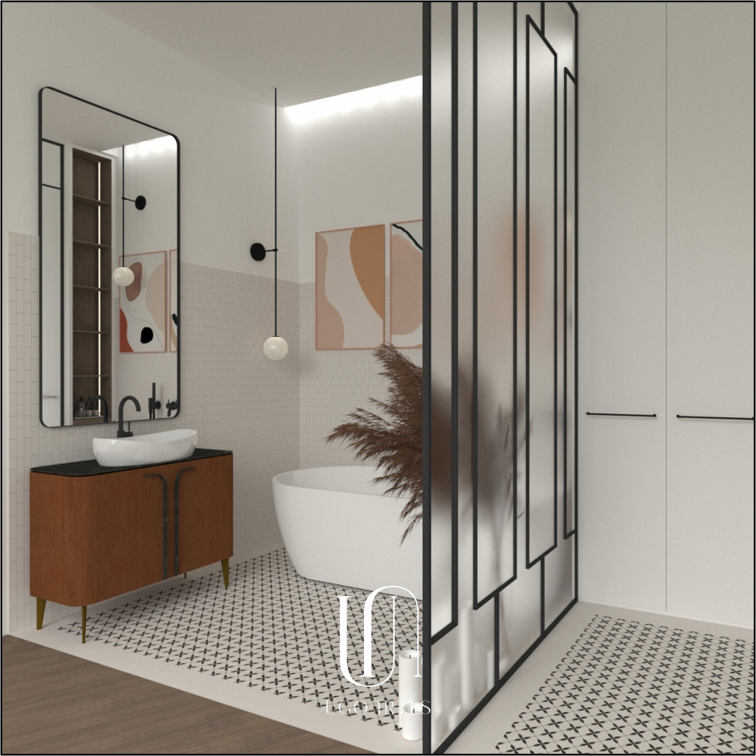 Nowoczesna aranżacja łazienki w Warszawie z wolnostojącą wanną, umywalką nablatową na drewnianej szafce, czarną armaturą i szklaną ścianką działową.