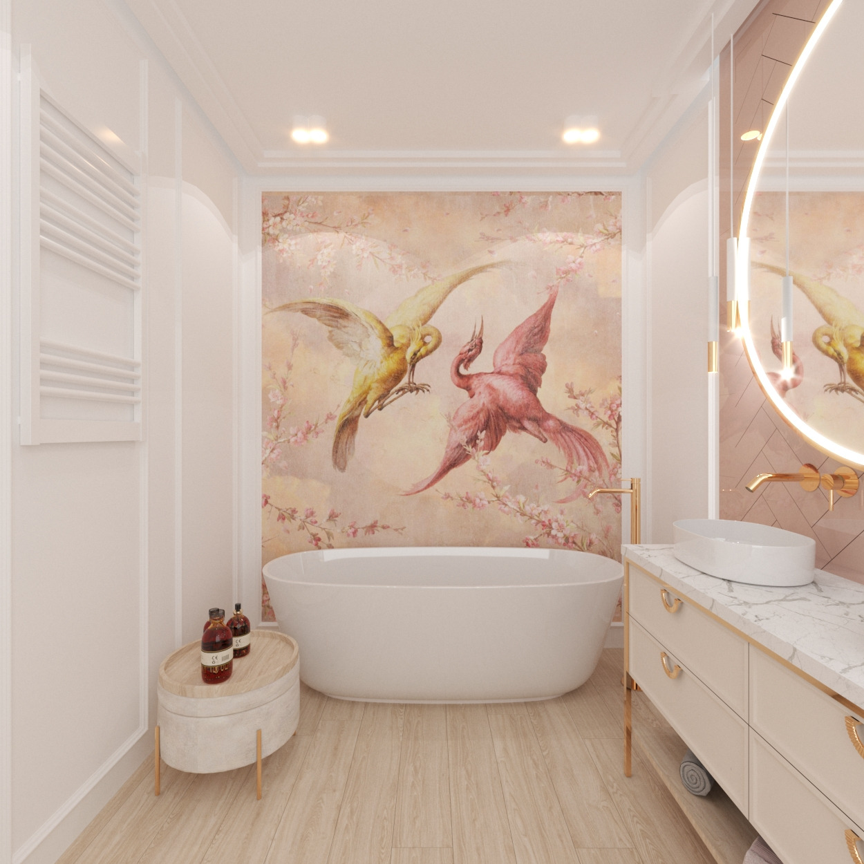 Elegancka łazienka z owalną wanną na tle ściany z motywem ptaków, umywalka nablatowa z marmurowym blatem i złotą armaturą, okrągłe lustro z podświetleniem LED.