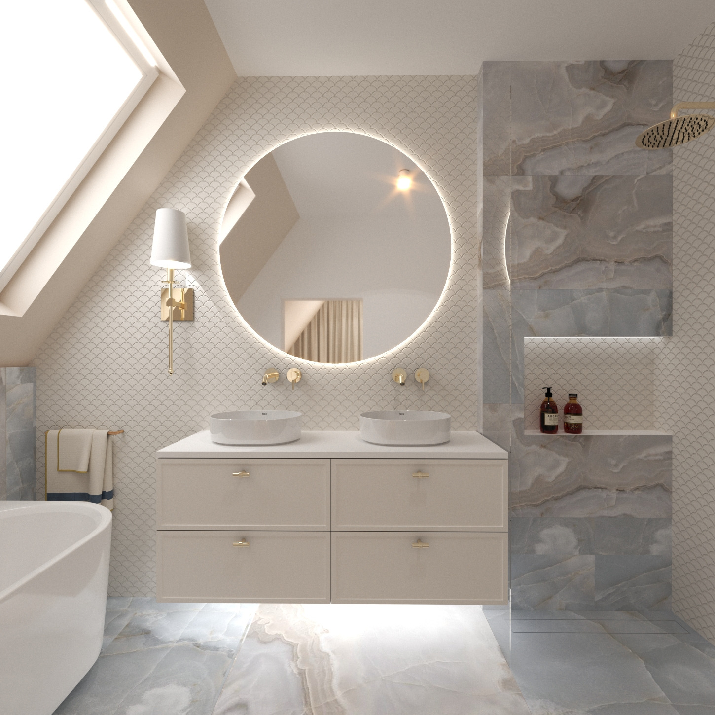 Elegancka łazienka na poddaszu z okrągłym lustrem podświetlanym LED, dwiema umywalkami nablatowymi, beżową szafką z szufladami, marmurową posadzką i prysznicem typu deszczownica.