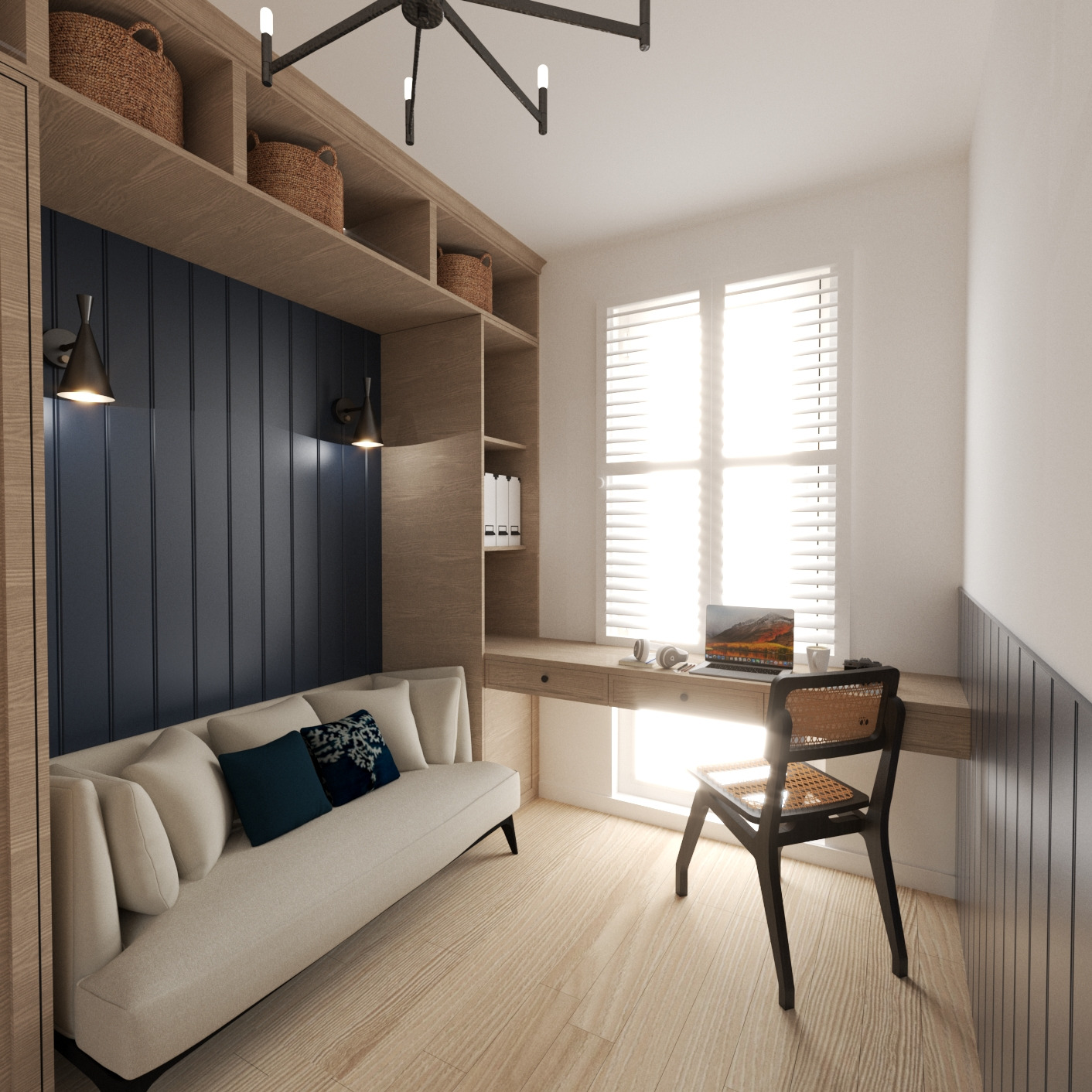 Wizualizacja pokoju biurowego z drewnianą podłogą, biurkiem pod oknem z laptopem, sofą z poduszkami, drewnianymi półkami z koszami i czarnym krzesłem z plecionym siedziskiem.